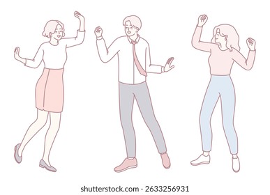 Three cheerful people joyfully dancing together, showcasing bliss and connection in their stylish outfits