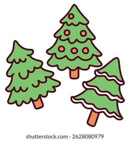 Three cheerful pine trees in bright green with yellow stars and decorations in a kids-friendly drawing style, perfect for educational cards, crafts or winter themes