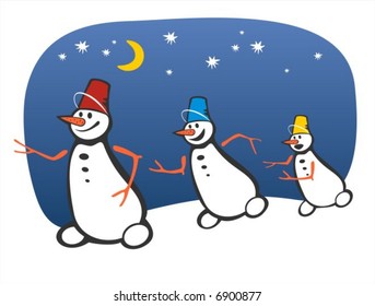 Three cheerful snowballs run on a background of the night star sky.