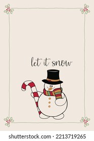 Three cheerful snowman on a beige background. Snowman with a hat on his head, hands-branches, the nose - carrot. Background snowflakes. Text - winter is coming.