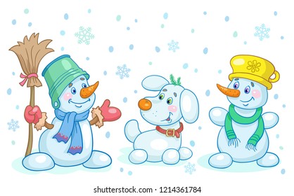Three cheerful snowman stand in a clearing. On a white background. In cartoon style. Vector illustration.