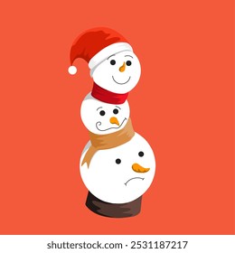 Three cheerful snowmen stack up against a bright orange background. The top snowman wears a red Santa hat, while the middle one sports a festive scarf. The bottom snowman has a subtle frown, adding a 