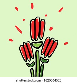 Three cheerful tulips on a spring background. Fun drawing in and doodles  style. vector graphics.