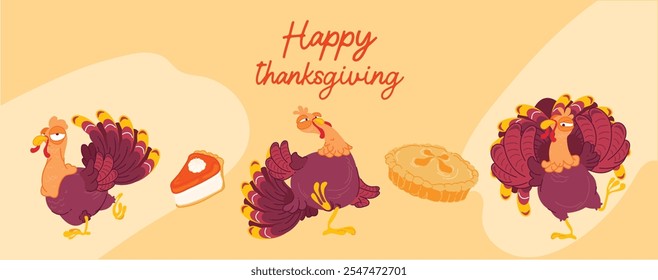 Three cheerful turkeys are featured with pumpkin pie on a warm orange background. The text "Happy Thanksgiving"