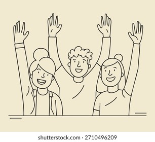 Three cheerful workers smiling and raising their hands in a celebratory gesture, enthusiasm and teamwork line art vector illustration. Joyful moment in a workplace setting. The background is simple