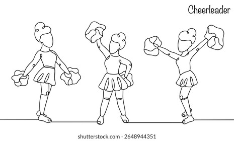 Three cheerleader girls perform acrobatic, dance and gymnastic elements to support sports teams and entertain spectators. Hand drawn simple vector illustration.