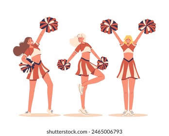 Three Cheerleader Girls In Performance, Team Sports Or Cheerleading Competitions, Showcasing High Energy And Teamwork