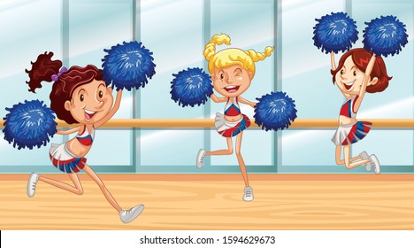 Three cheerleaders dancing in the room illustration