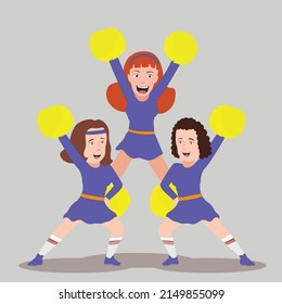 Three Cheerleaders Forming A Pyramid, Holding Pompoms.