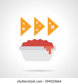 Three Cheese Nachos Over Bowl With Red Sauce. Flat Color Vector Icon