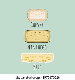 Three Cheese types. Modern flat style vector illustration icons isolated on blue background. Gourmet product white cheese front view. Chevre, Manchego and Brie Cheese heads front view.