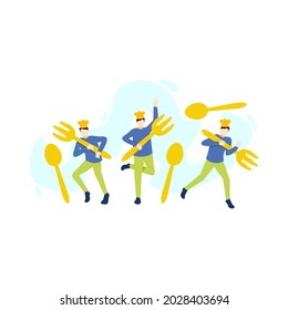 three chef hold giant fork spoon cook people character vector illustration flat design