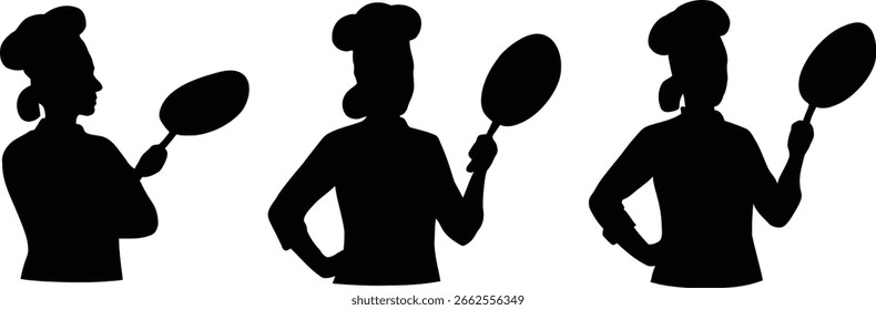 Three chef silhouettes holding pans, ready to cook