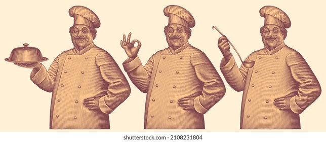 Three chefs. Design set. Editable hand drawn illustration. Vector vintage engraving. 8 EPS