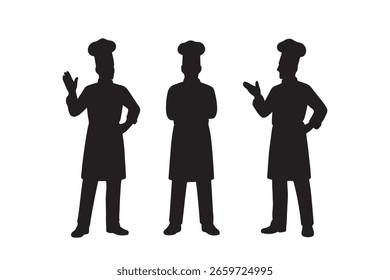 Drei Köche in Silhouette stehend und gestisch einzeln auf weißem Hintergrund Silhouette