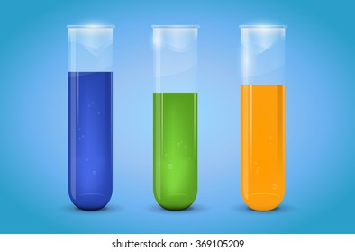 Three chemical test-tubes with liquid on blue background - vector illustration