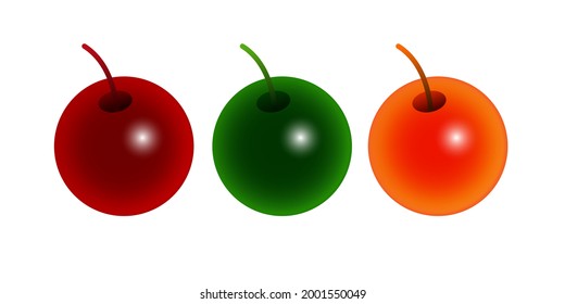 Tres cerezas para decorar un pastel o una bebida. Cerezas rojas, verdes y amarillas. Ilustración vectorial 3d.