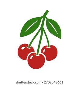 Three cherries with green leaves. Flat vector fruit illustration for summer, food designs, natural themes and decorative projects