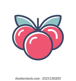 Three cherries. Illustration of three cherries with leaves. Represents a sweet treat and summer.