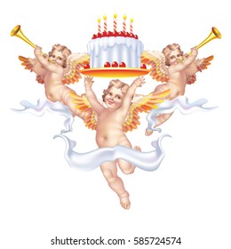 Three cherub on the birthday cake on a white background