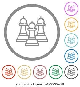 Three chess bishops outline flat color icons in round outlines on white background