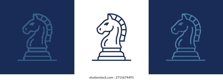 Three chess knight icons displayed on blue and transparent backgrounds isolated