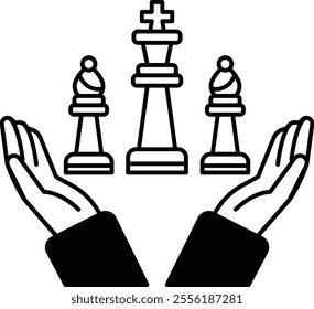 Three chess pieces are held up by two hands