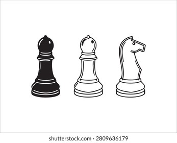 Three chess pieces including a knight and two pawns standing upright on white