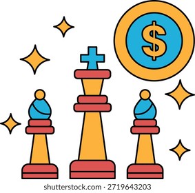 Tres piezas de ajedrez están en un tablero con un Iniciar sesión de un dólar en el medio. El signo del dólar está rodeado de estrellas, que dan a la Imagen una sensación de riqueza y prosperidad