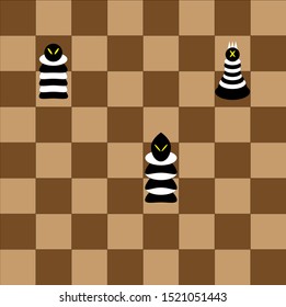 Three chess pieces on a playing board