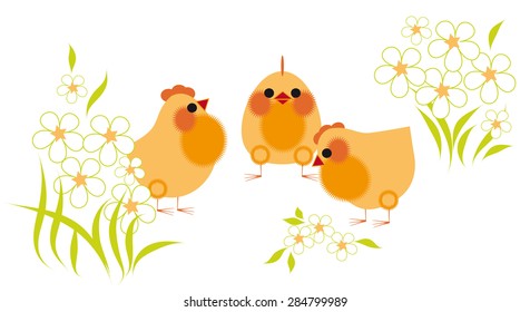 Three chicken among the flowers