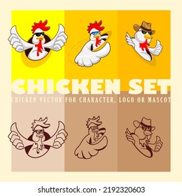 Three Chicken cartoon characters that show thumbs up with different looks and poses