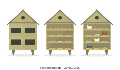 Three chicken coops icon on white background. Chicken coops outside and inside. Raising chickens.