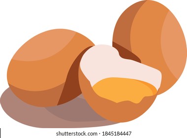 Three chicken eggs lie on the table. One of them is broken.