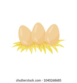 Three chicken eggs lying in hay nest. Organic farm product. Concept of poultry breeding. Agriculture theme. Cartoon flat vector illustration