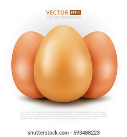 Three chicken eggs with shadow isolated on white background.