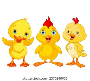 three chicken friends cute chicken illustration baby chick story character design vector.