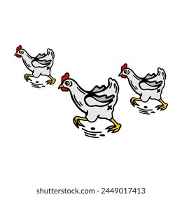 Three chickens are running, isolated on a white background
