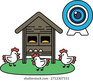 Tres pollos están parados frente a un gallinero. El policía es Pequeño y tiene una ventana