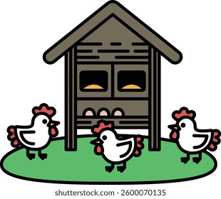 Three chickens are walking around a chicken coop. The coop is made of wood and has a slanted roof
