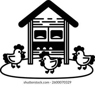 Three chickens are walking around a chicken coop