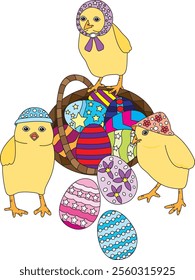 Three Chicks With Easter Basket Vector
