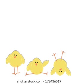 Three chicks on the bottom of the page in funny poses, on white background