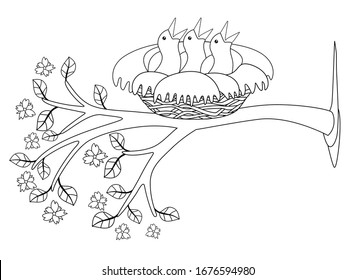 Three chicks are sitting in a cozy nest on a flowering branch - vecto linrear picture for coloring. Outline. Small newly hatched birds.