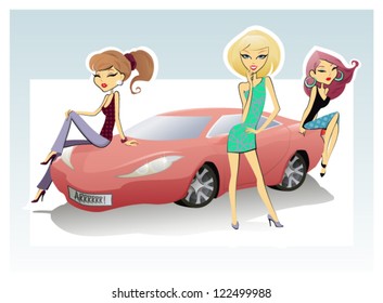 Three Chicks and Sport Car/ The vector illustration of the Car and Three Girls