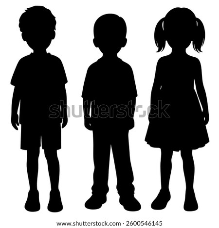 Three child silhouettes are arranged side-by-side against a stark white backdrop. On the left stands a boy, dressed in a t-shirt and shorts. In the center