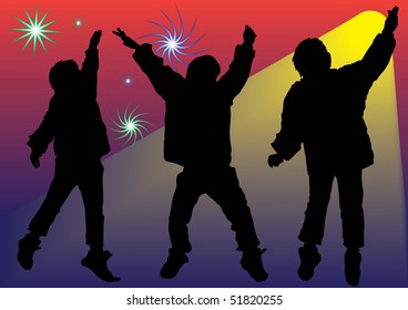 Three child silhouettes dancing in a disco-like atmosphere
