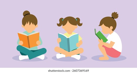 three children attentively reading different colored books