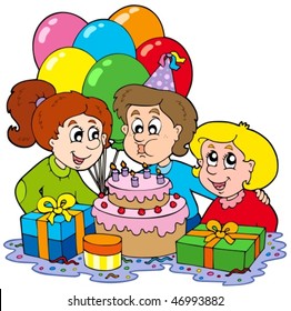 Tres niños en la fiesta de cumpleaños - ilustración vectorial.