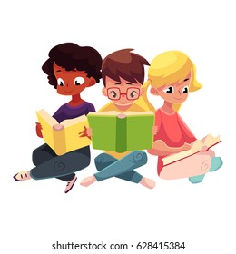 Three children, boys and girls, reading interesting book sitting with crossed legs, cartoon vector illustration isolated on white background. Kids, boys and girls, Caucasian and black, reading books